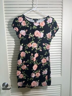 Forever 21 Black Mini Dress with Pink Rose Print